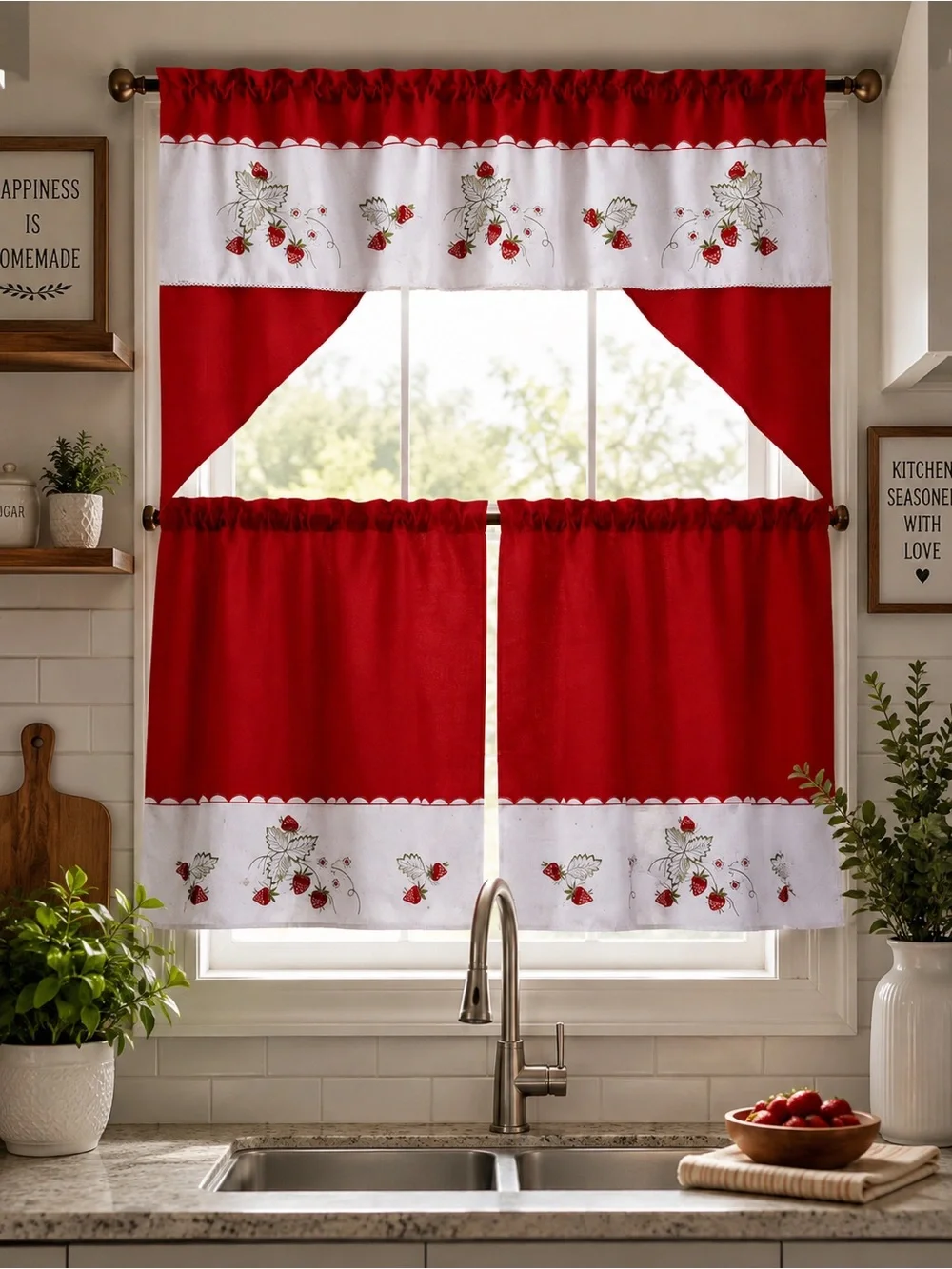 3 piece strawberry embroidery kitchen curtain set